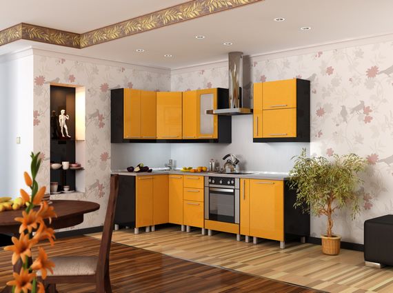 Кухня оранжевые фасады, черные торцы